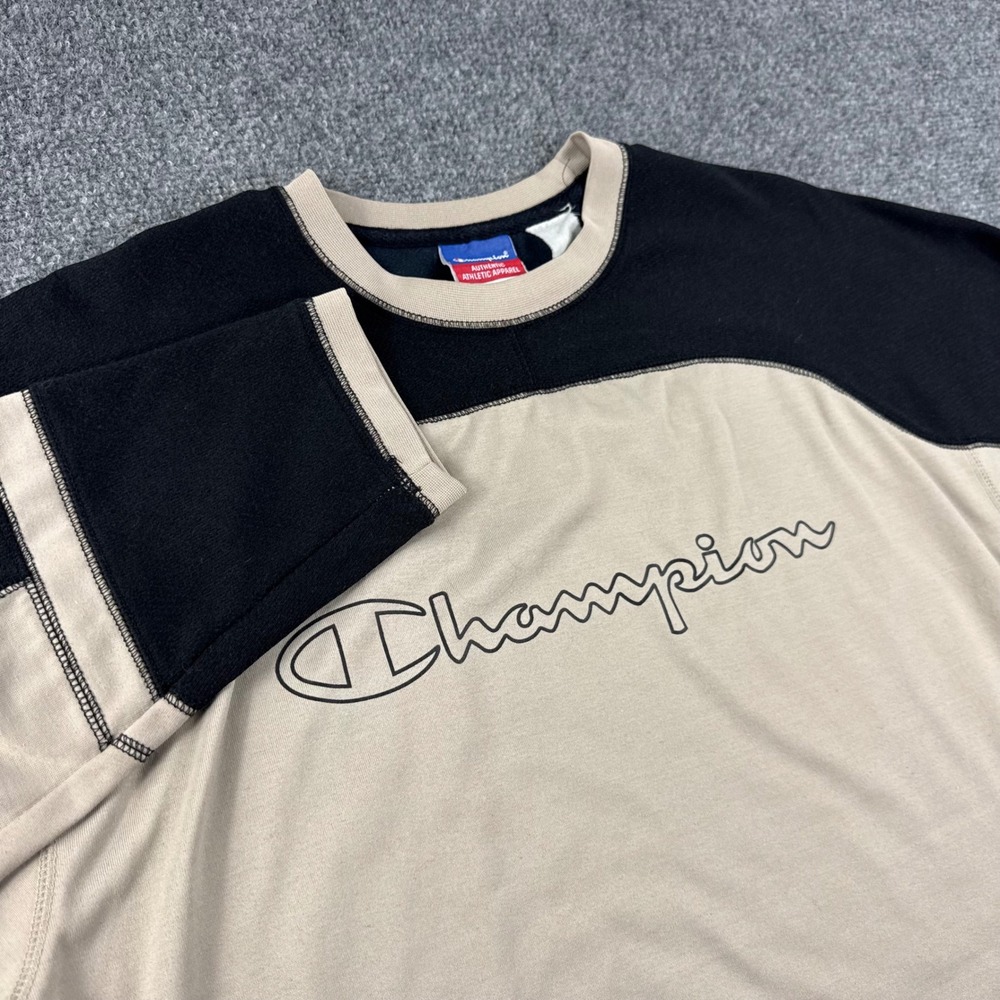 Champion Long Sleeve Shirt Large Tan Black Colorblock Raglan Mens